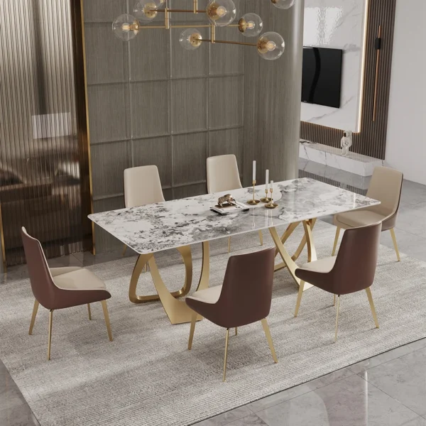Contemporary Rectangle Dining Table in Gold for 8 Seaters with Stone Top - Image 5