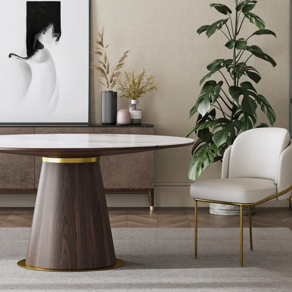 Round Dining Table Sintered Stone Top Wooden Base for 6 Mid-Century Modern - Image 5
