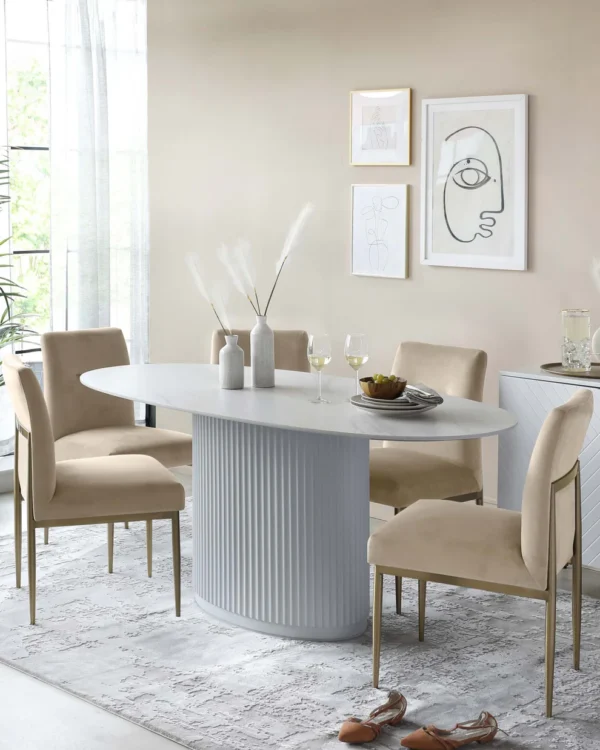 Austin White Marbled Ceramic Fluted 6 Seater Dining Table - Image 5