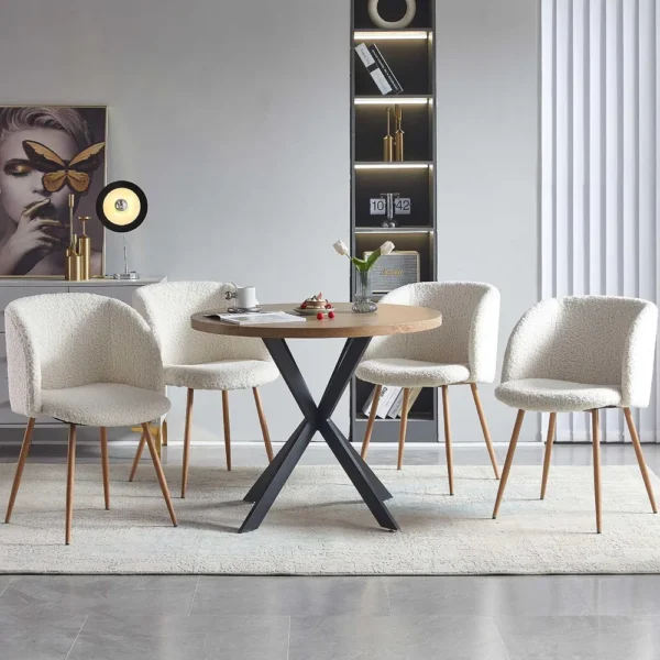 Howtai Round Dining Table Set with Fluffy Sherpa Arm Chairs Space Saving - Image 5