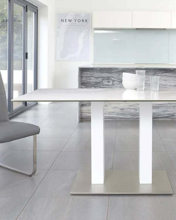Mia White Marbled Ceramic 6 Seater Dining Table. - Image 6