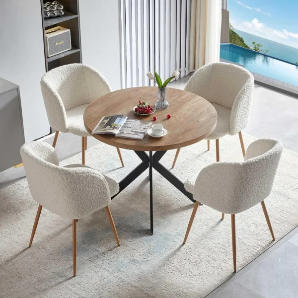 Howtai Round Dining Table Set with Fluffy Sherpa Arm Chairs Space Saving - Image 6