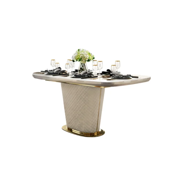Modern Marble Rectangular Pedestal Dining Table PU Leather&Stainless Steel in Gold - Image 7
