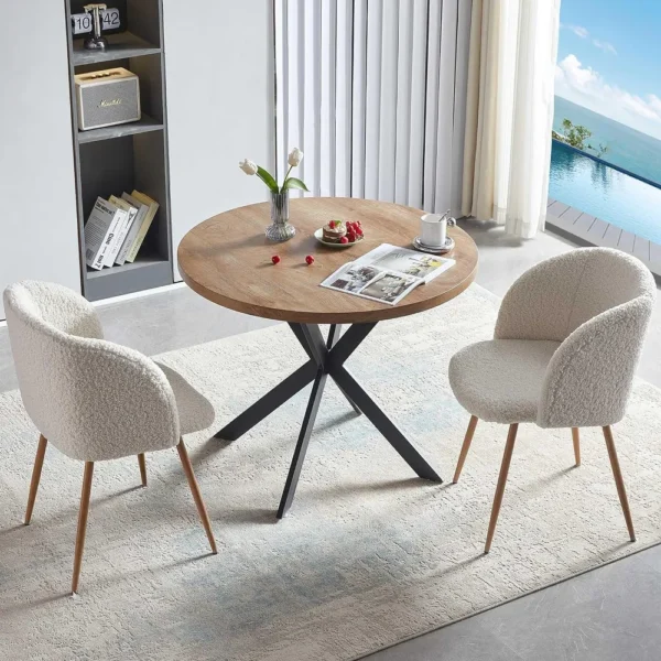Howtai Round Dining Table Set with Fluffy Sherpa Arm Chairs Space Saving - Image 7